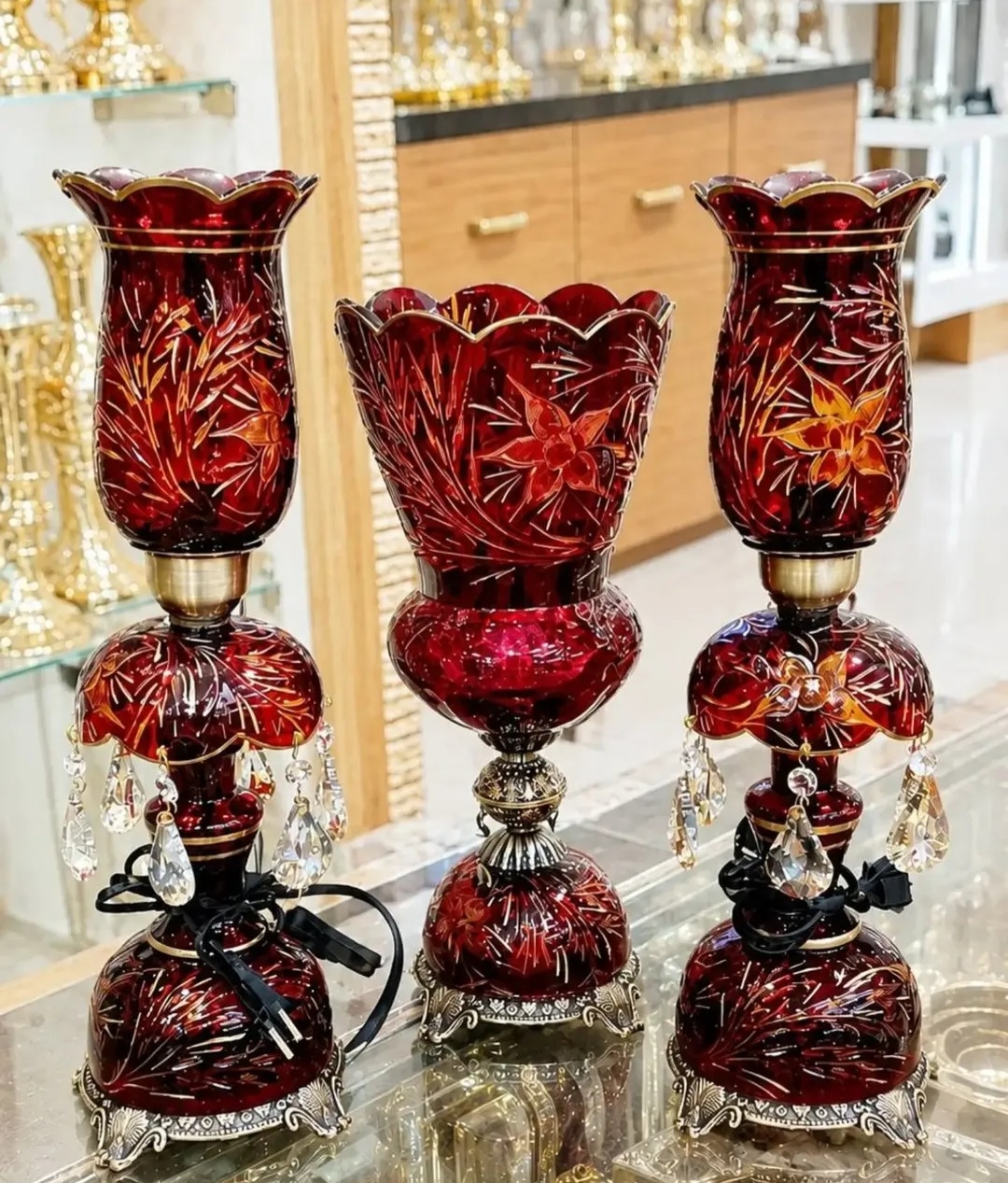 ست شمعدان و گلدان تراش